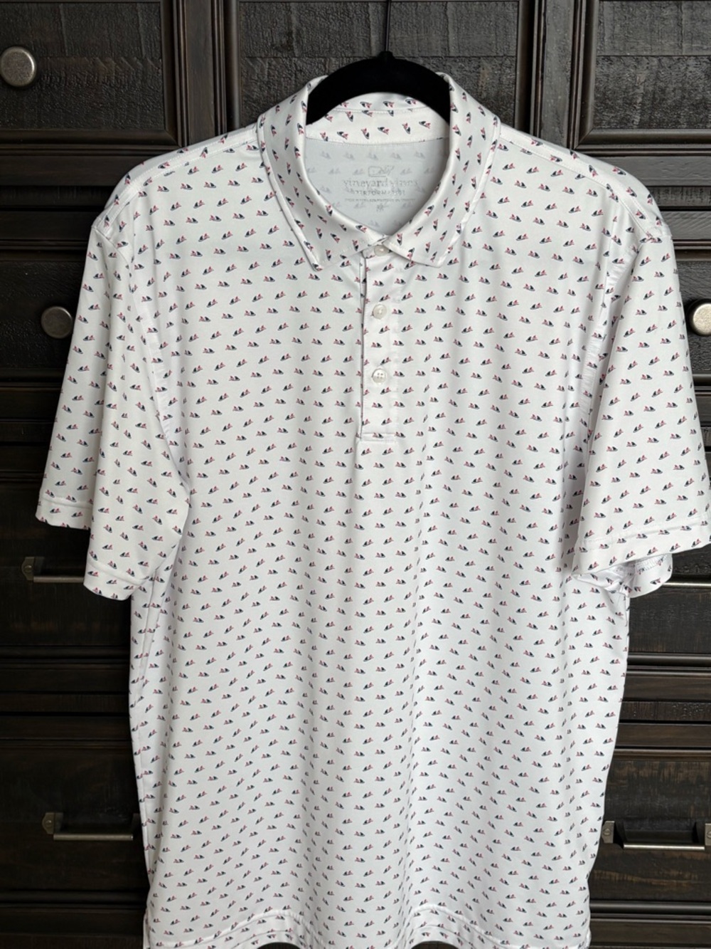 Vineyard Vines White Performance Polo with Sailboat Print SZ M